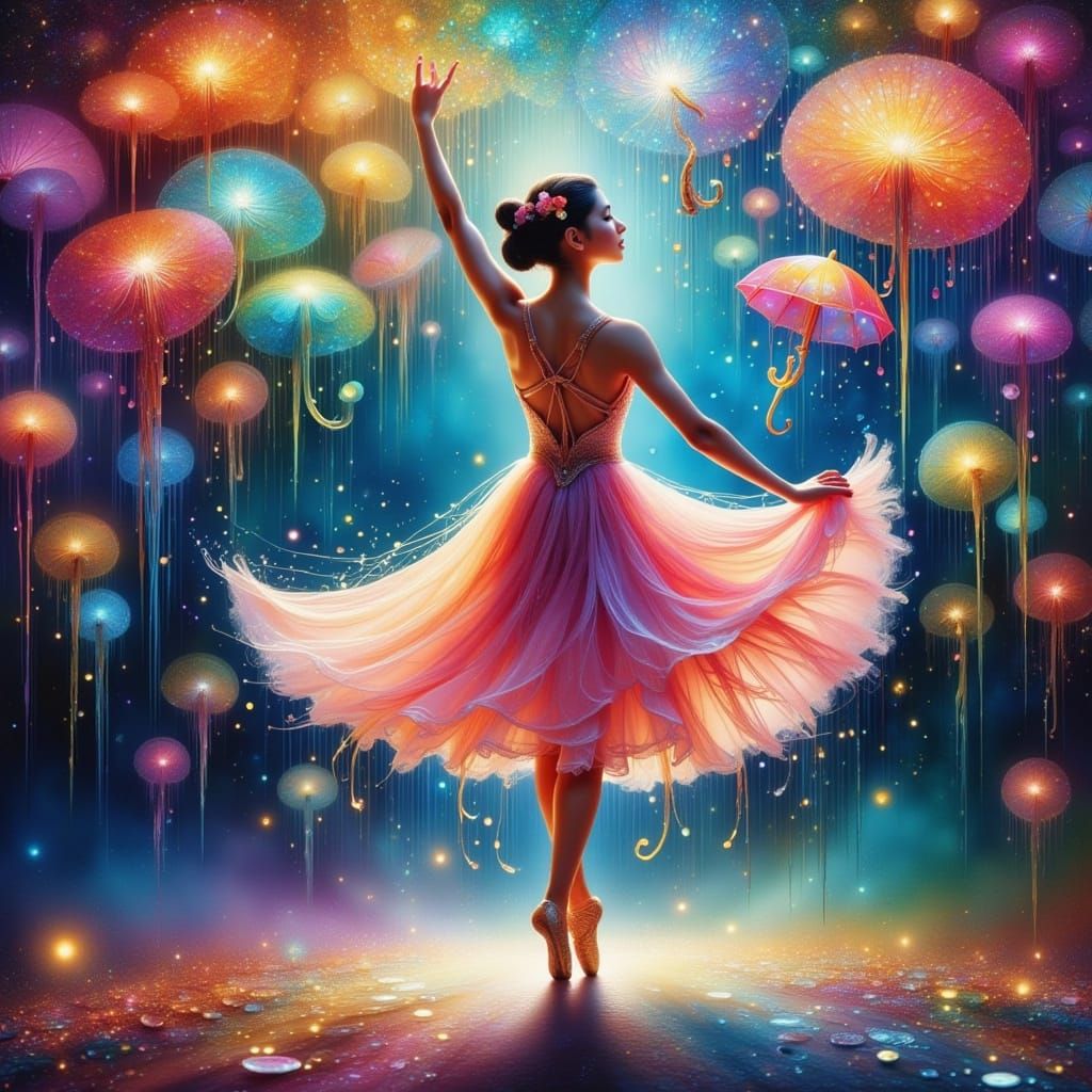 Ballet Dancer in Whimsical Rainy Scene with Vibrant Umbrella...