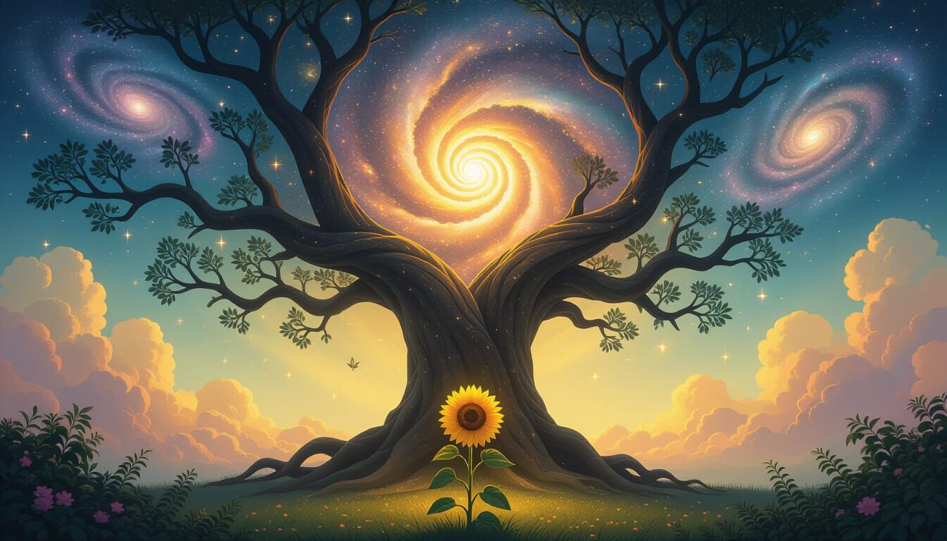 Cosmic Tree and Sunflower in Ethereal Fantasy Art