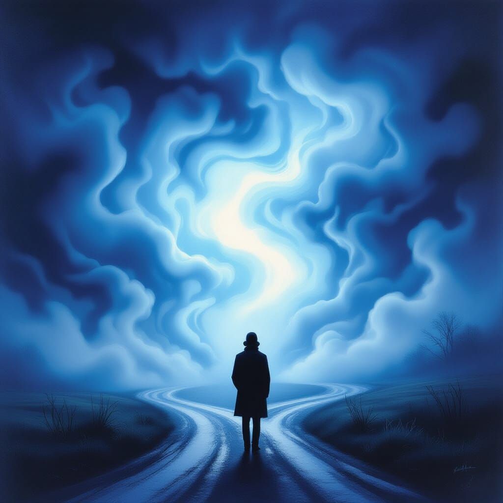 Figure Contemplates Crossroads in Surrealist Style