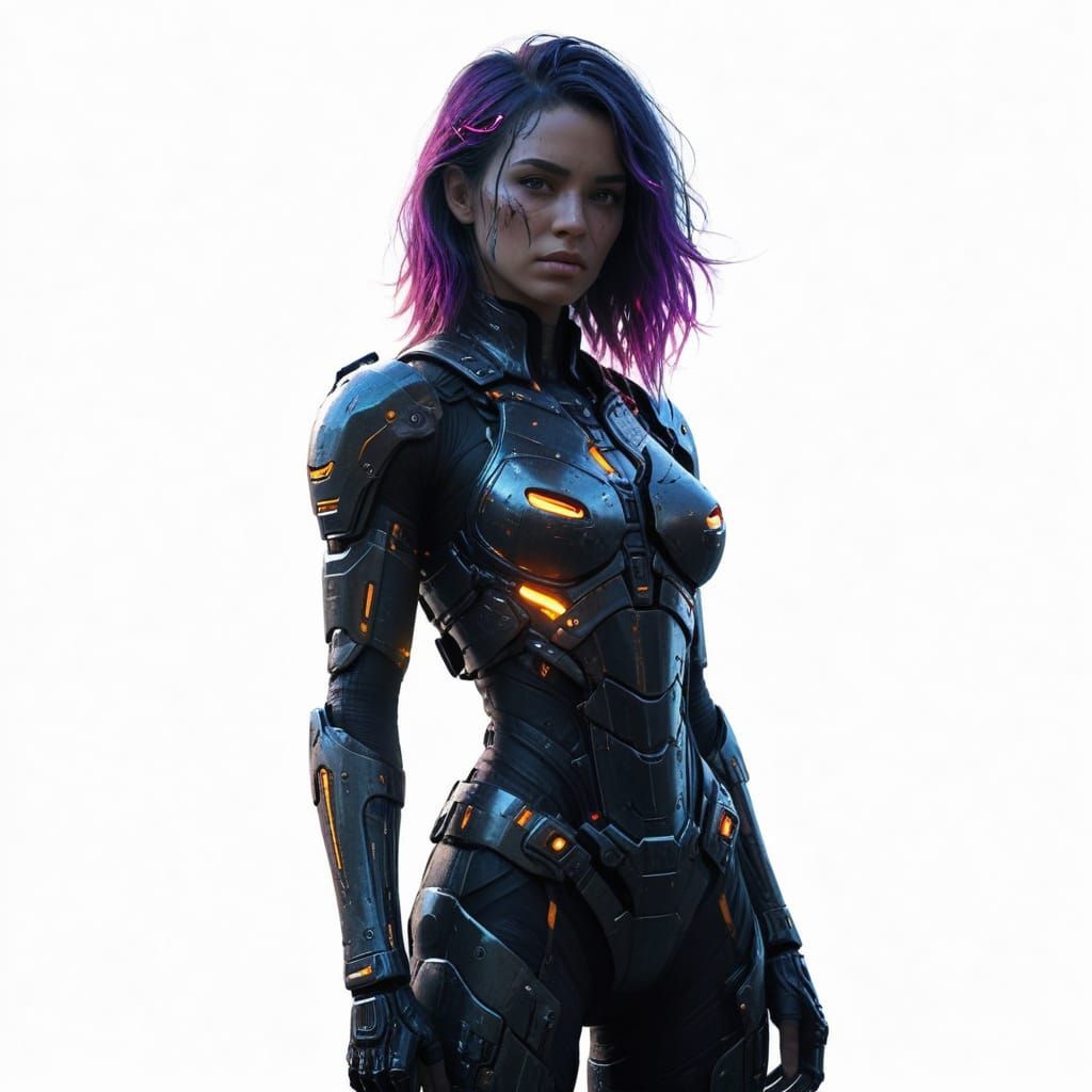 Cyberpunk Cyborg Knight Guards Desolate Cityscape in Neon-Li...