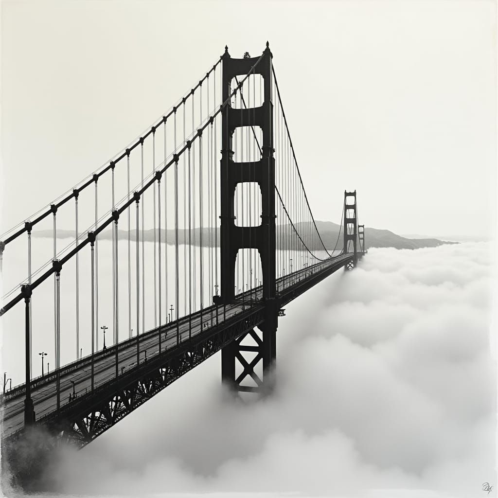 Majestic Golden Gate Bridge in Charcoal Drawing Style