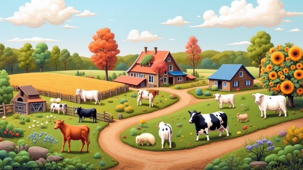 Idyllic Rural Scene with Cows and Sunflowers