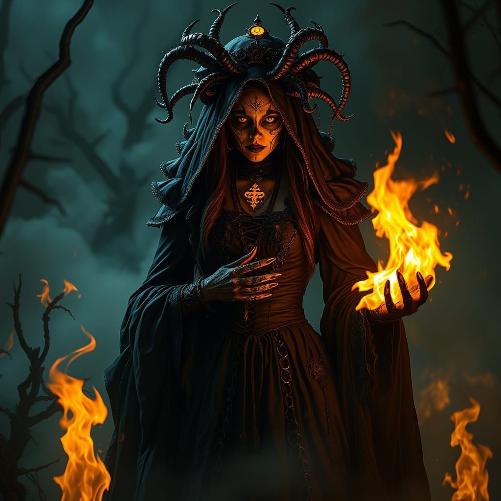 Dark Voodoo Queen Conjures Flames in Haunting Swamp Scene