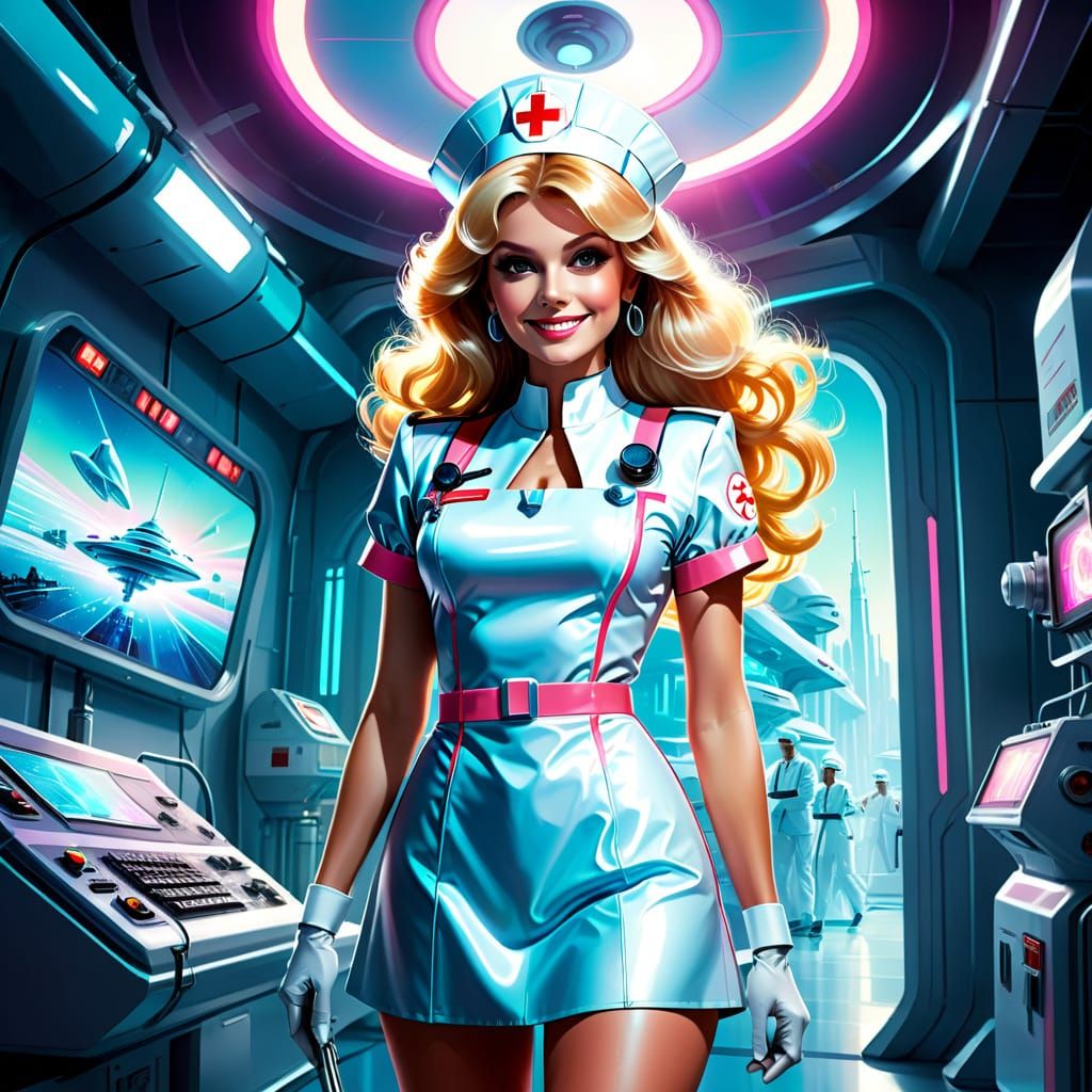 Futuristic Nurse in Retro Sci-Fi Hospital