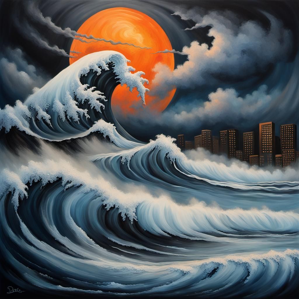 Surreal Black Moon Rises Over a Tsunami-Swept City
