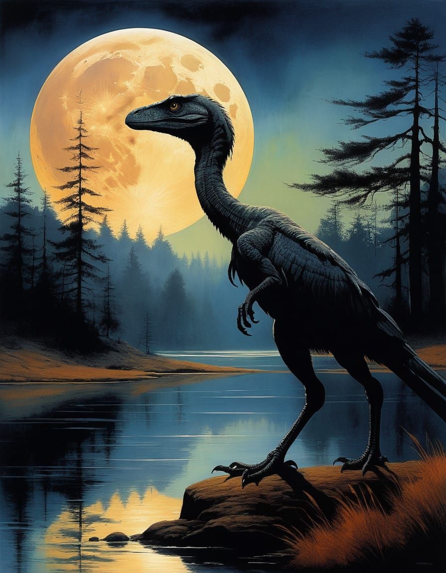 Whimsical Watercolor Velociraptor Contemplates the Moonlit L...