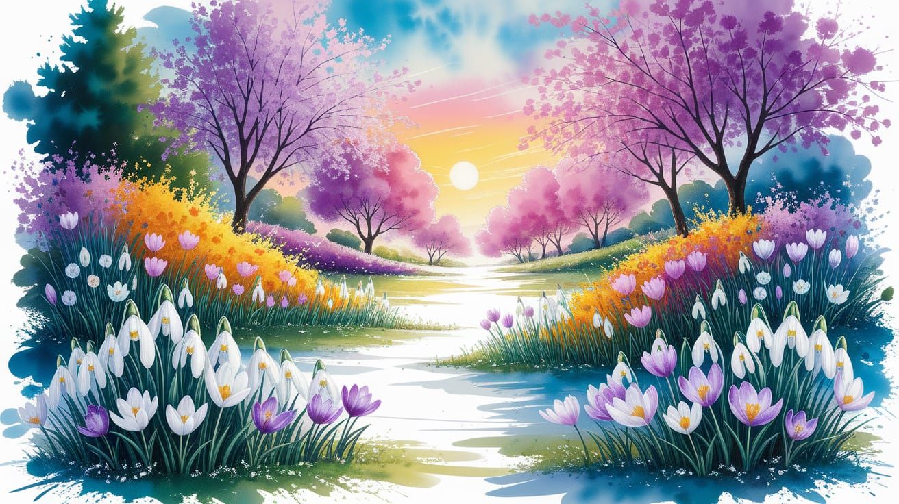 Vibrant Spring Garden Scene in Impressionistic Watercolor St...