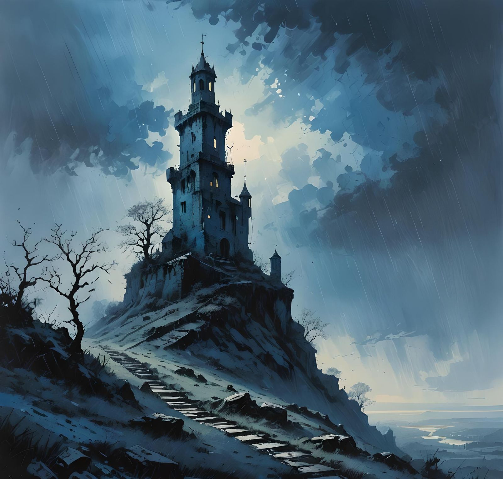 Moody Blue Monochromatic Tower in the Rain