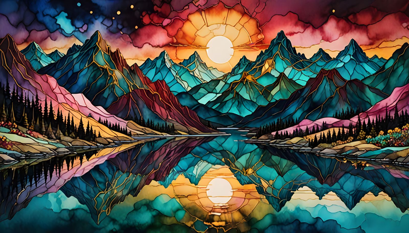 Alcohol ink Magical colorful sunset