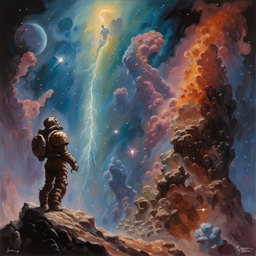 Surreal Warrior Bound to a Star in Cosmic Oil Painting