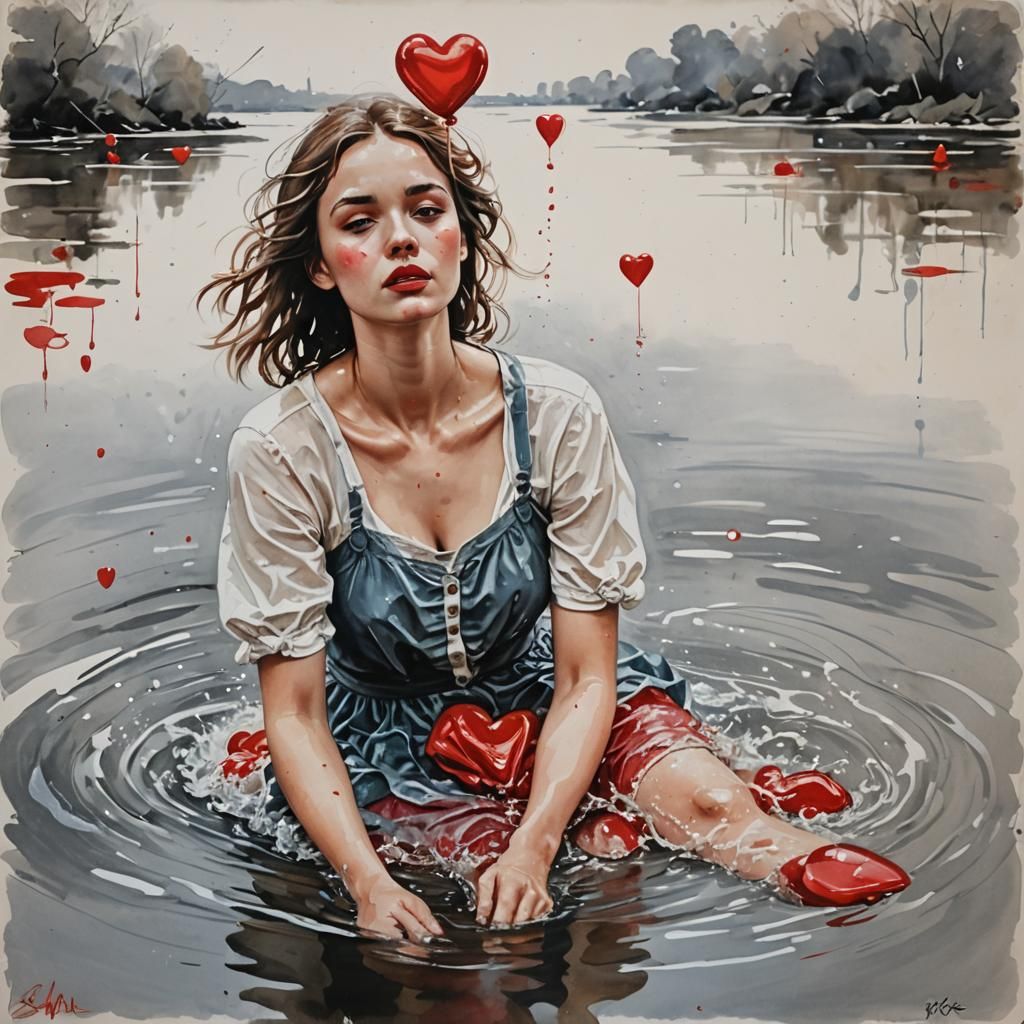 Watercolor Woman in Tears, Heart-Shaped Balloon Explodes