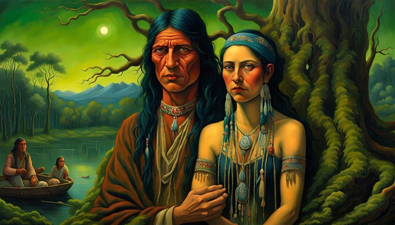 Fortune Teller Among Bayou Cypresses in Neo-Primitivist Styl...