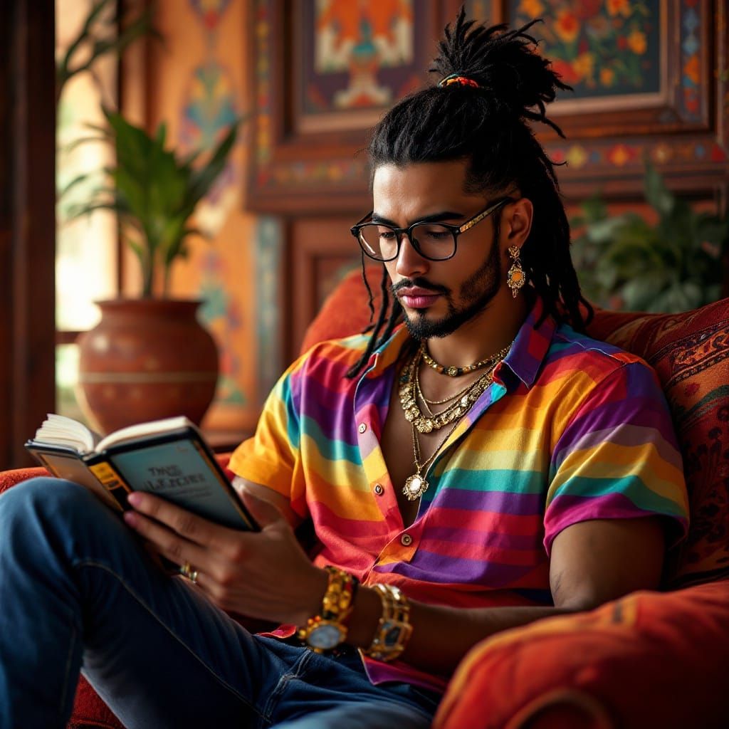 Dapper Latino Man Enjoys Whimsical Reading Moment in Traditi...