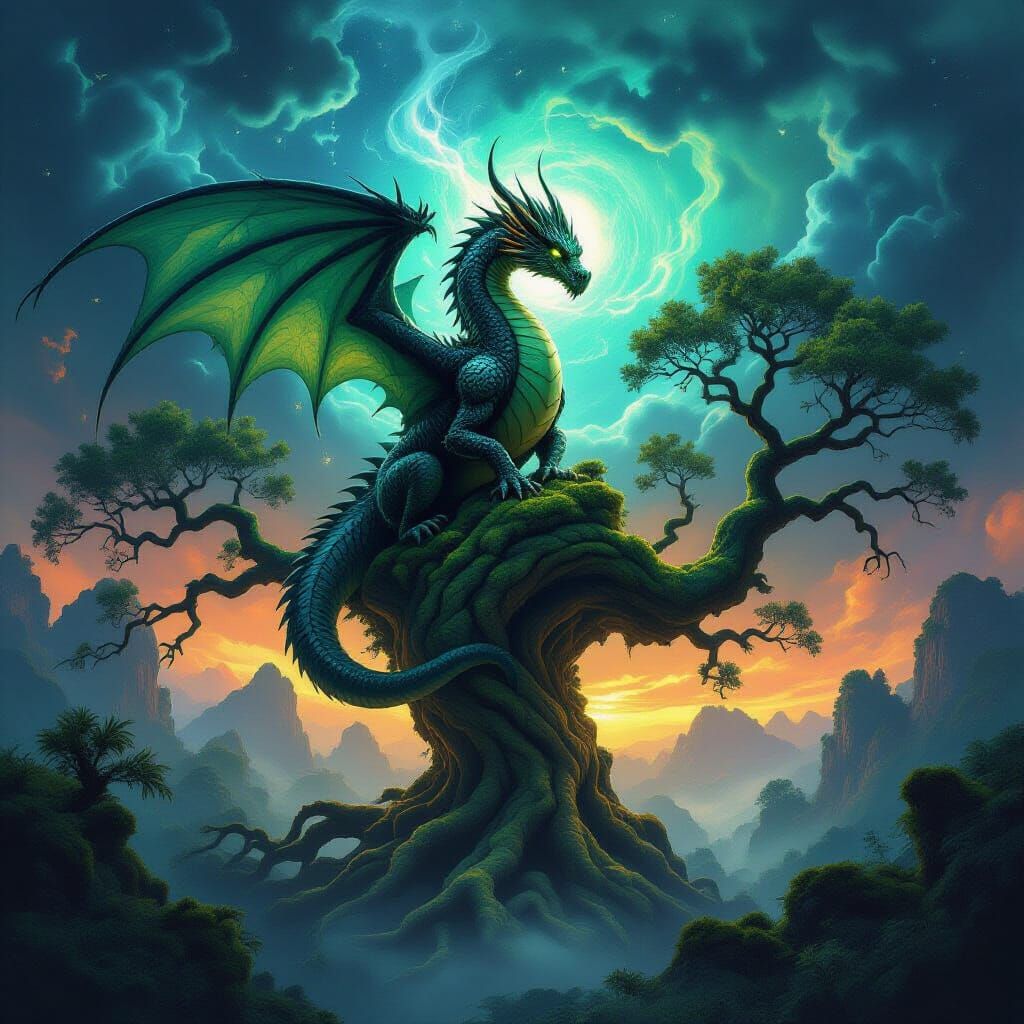 Ancient Dragon on Gnarled Tree Under Nebula Sky