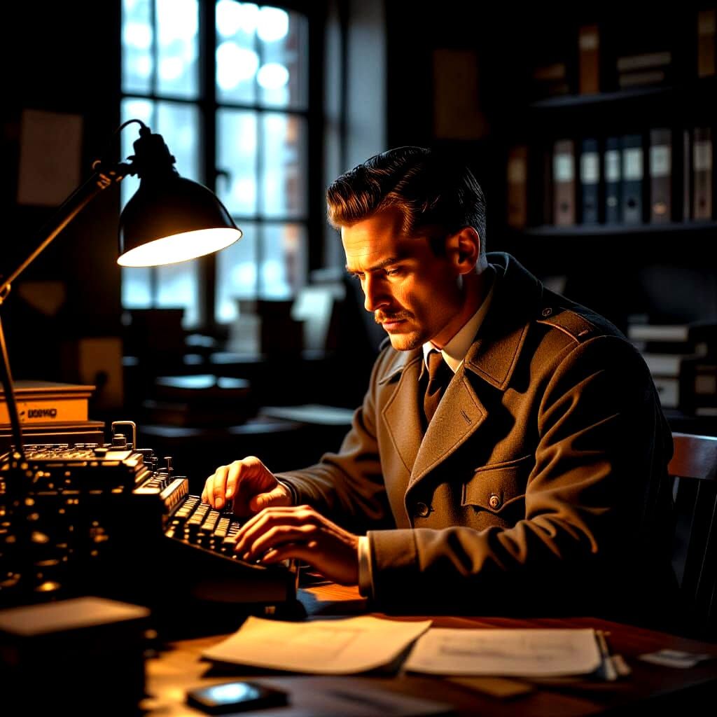 WWII Scientist Operates Enigma Machine in Lab