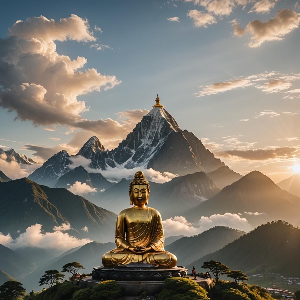 Majestic Buddha on a 2000m Mountain Peak in Golden Hour
