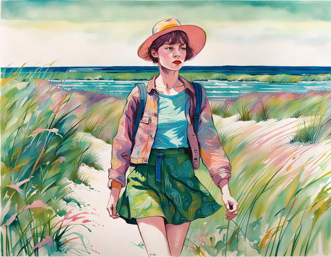 Vibrant Summer Figure Strolls Through Wild Dune Landscape