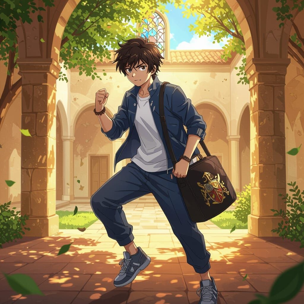 Anime Boy in Sunlit School Courtyard