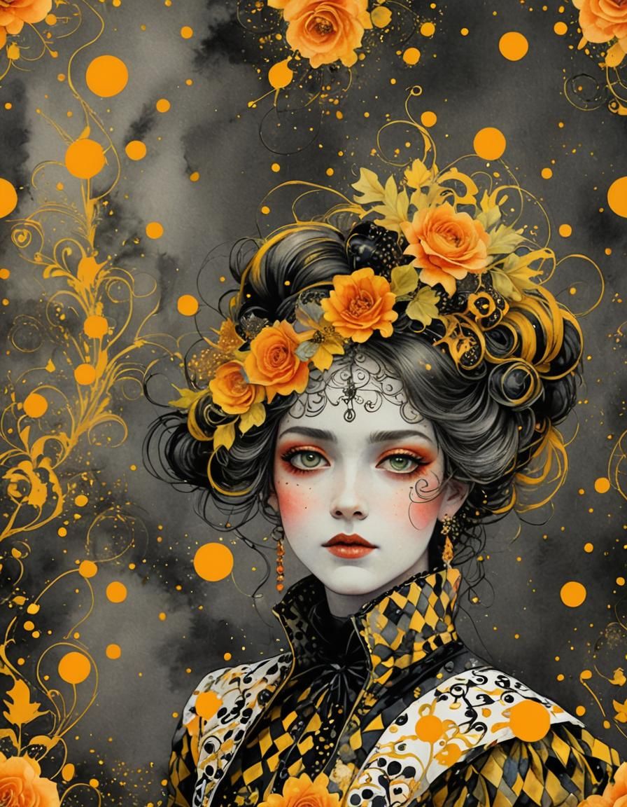 Baroque Harlequin Portrait in Vibrant Watercolor