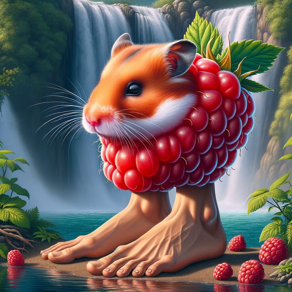 Hamster-Raspberry Creature with Human Feet by Waterfall