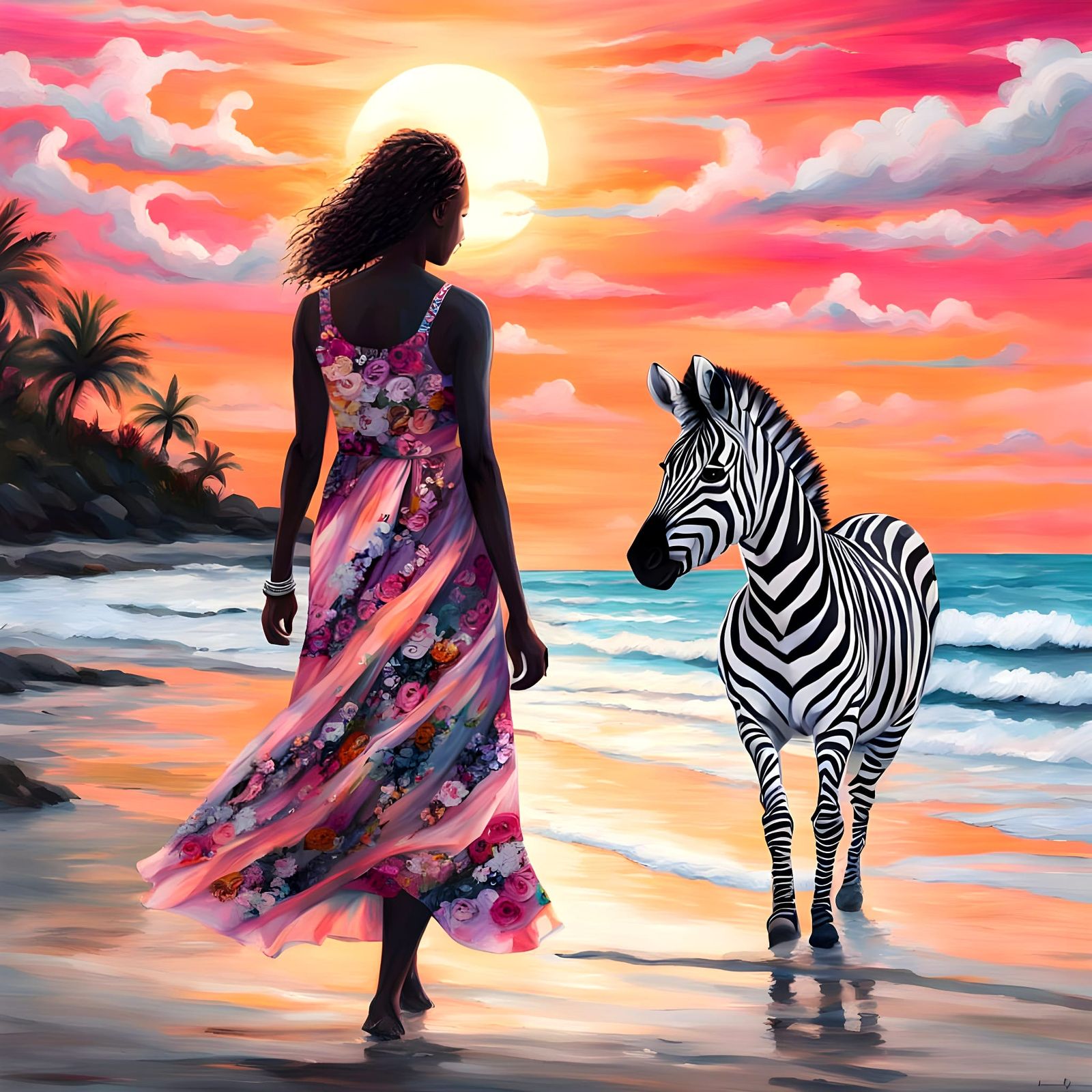 Elegant Girl Strolls Beside a Black and White Zebra on a Bea...