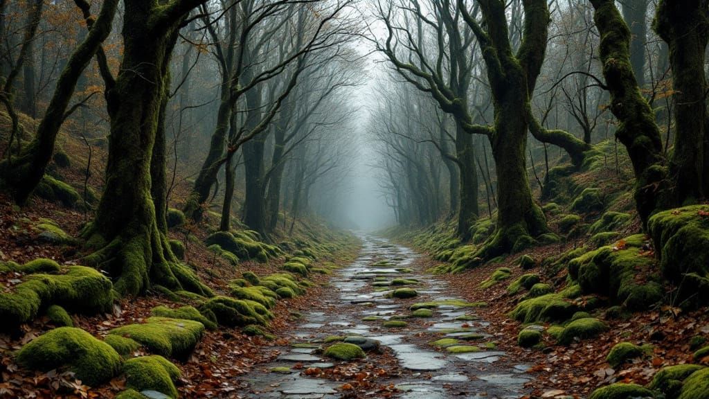 A Forest Pathway in Late Autumn, as Moody Landscape Painting
