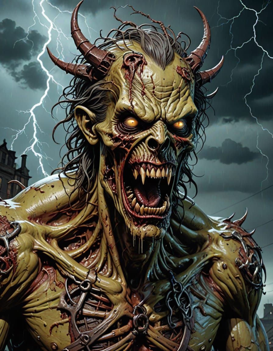 Grotesque Zombiecore Horror Scene in Dystopian Storm
