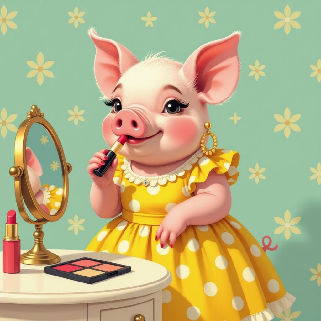 Glamorous Pig Applying Lipstick, Digital Art