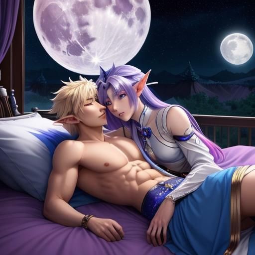 Sensual Elf Couple Under Full Moonlit Sky