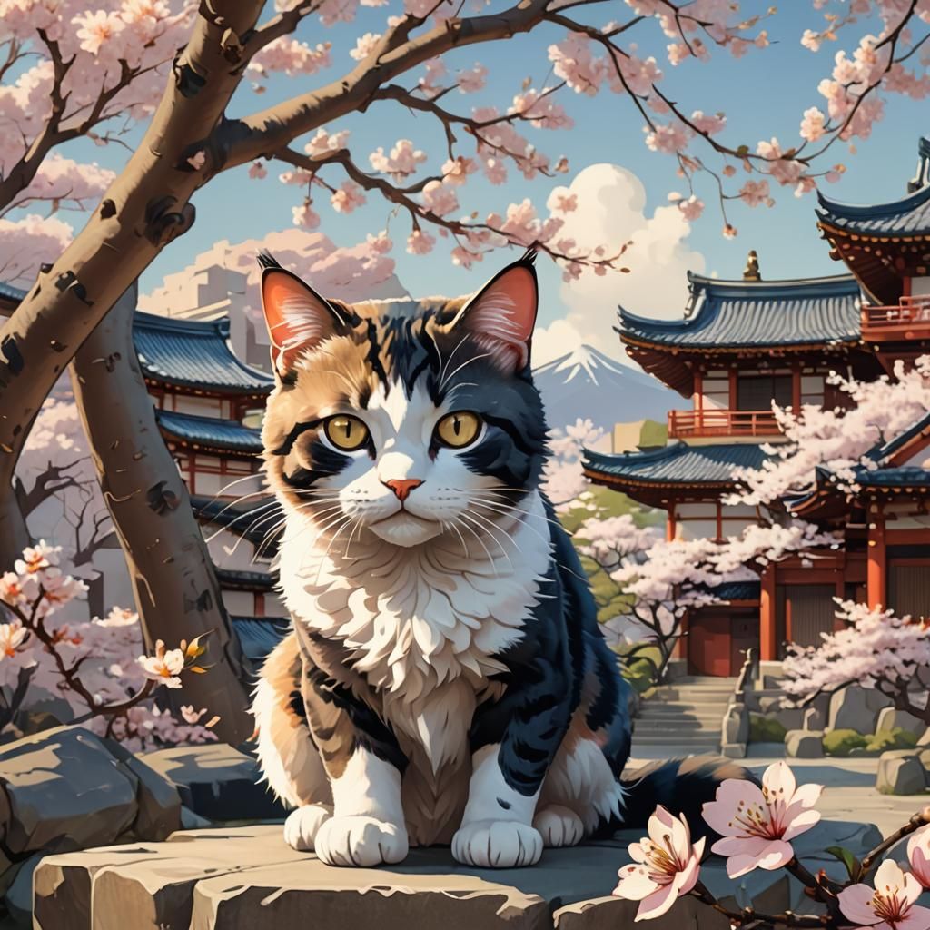 Whimsical Cherry Blossom Cat in Ukiyo-e Style