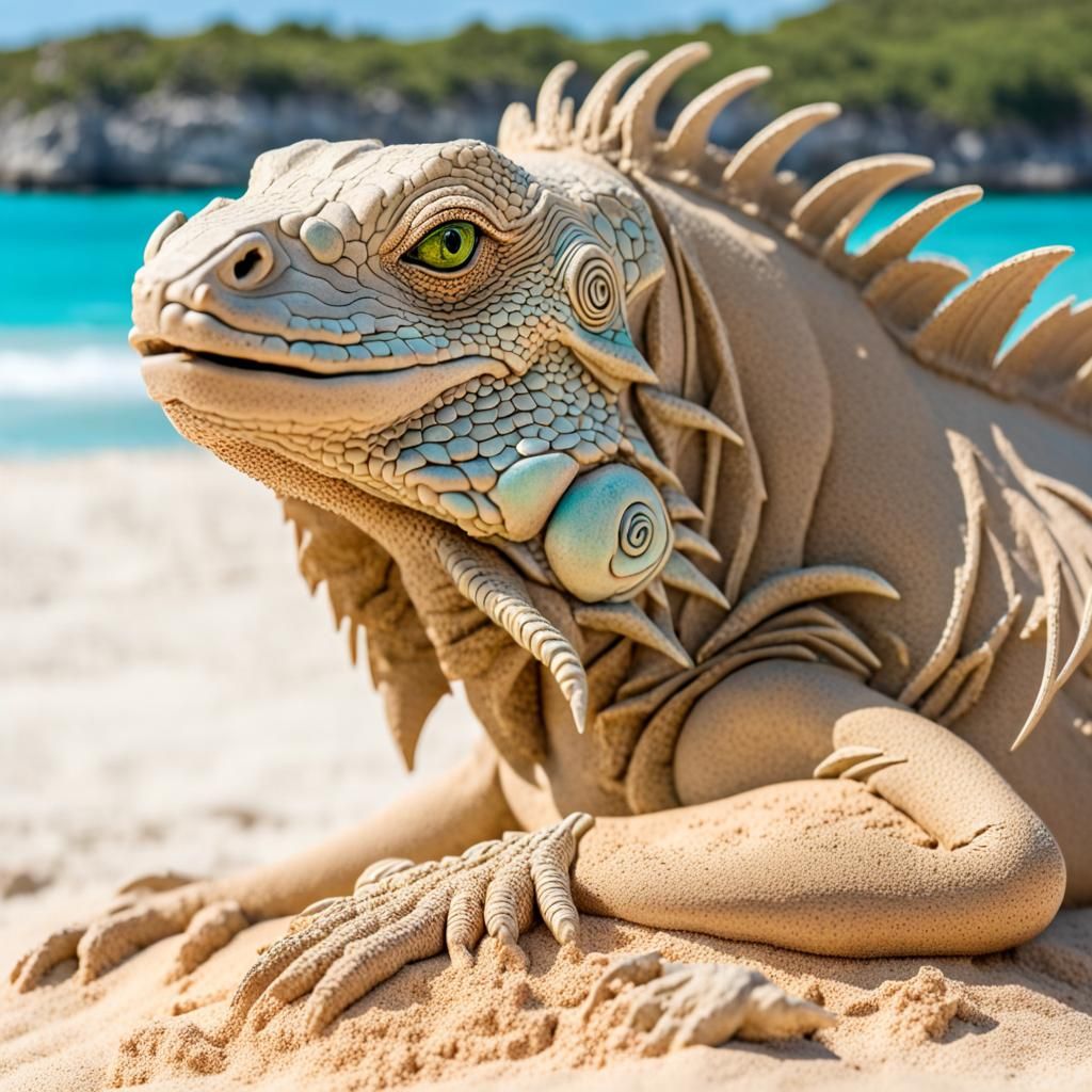 Sculpted Sand Iguana Portrait Against Turquoise Ocean