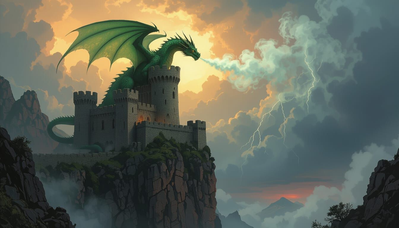 Ancient Castle with Dragon on Cliffside in Dark Fantasy Styl...