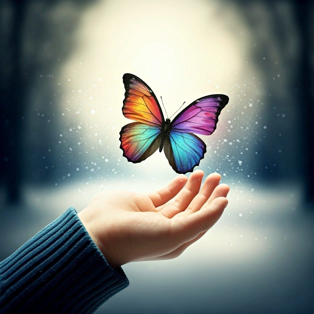 Surreal Child's Palm with Radiant Butterfly in Iridescent Gl...
