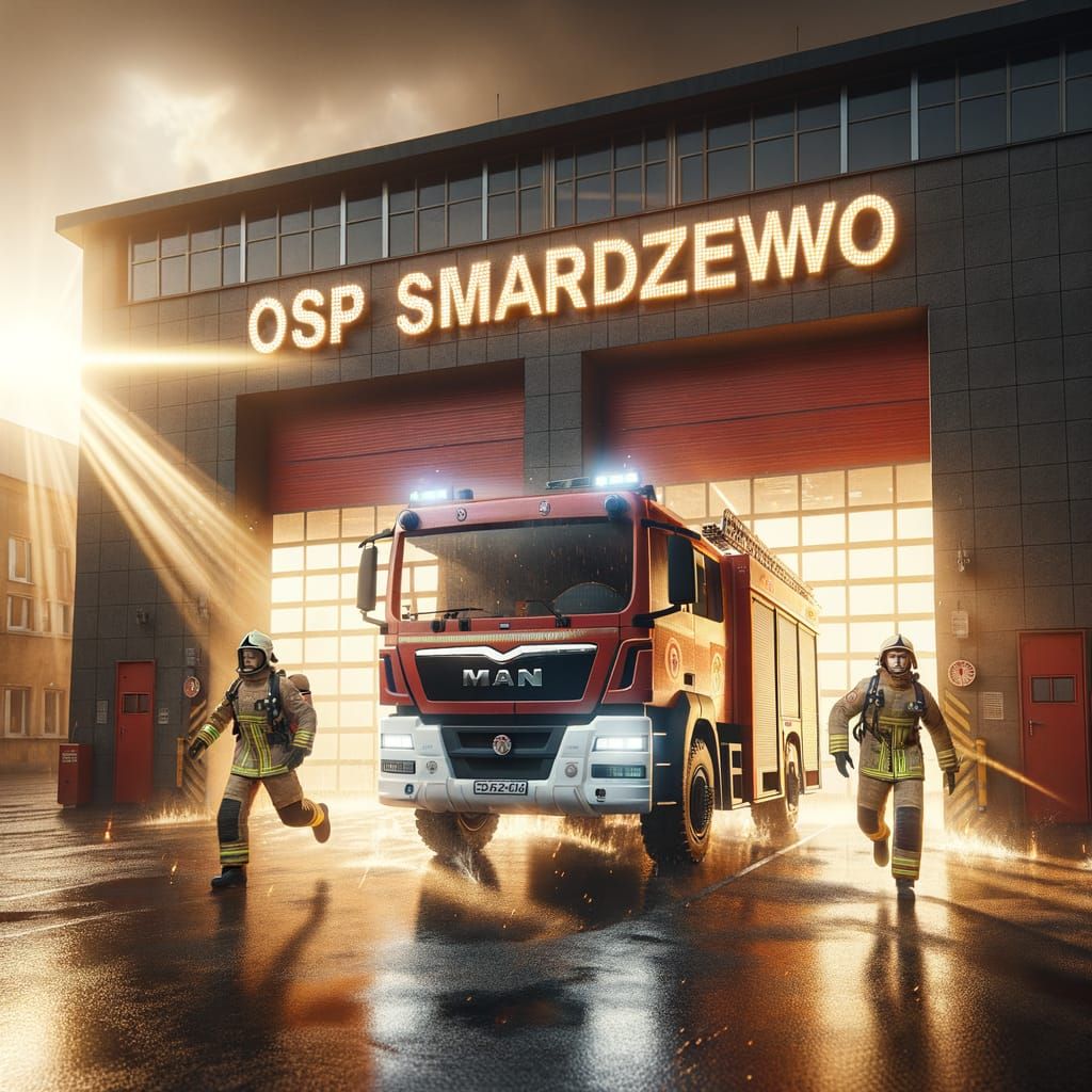 Fire Truck at Fire Station in Golden Hour Light