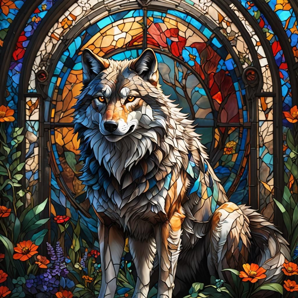 Glass Wolf in a Dreamlike Stained Glass Realm