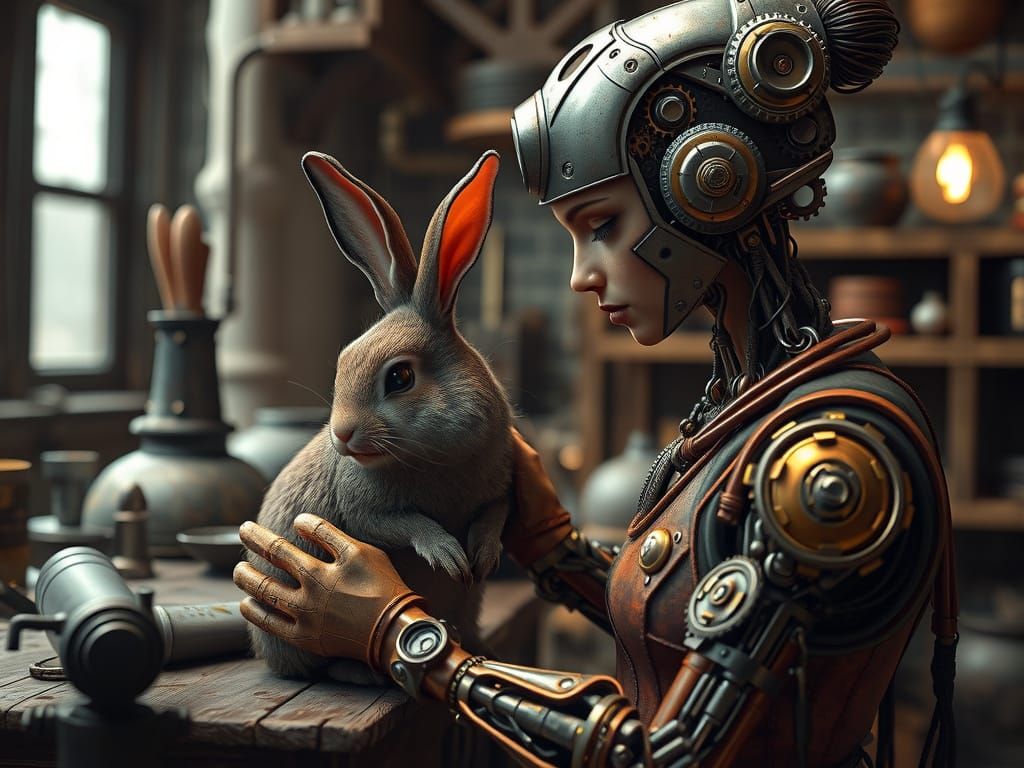 Lifelike Android Assembling Bunny in Fantasy Workshop