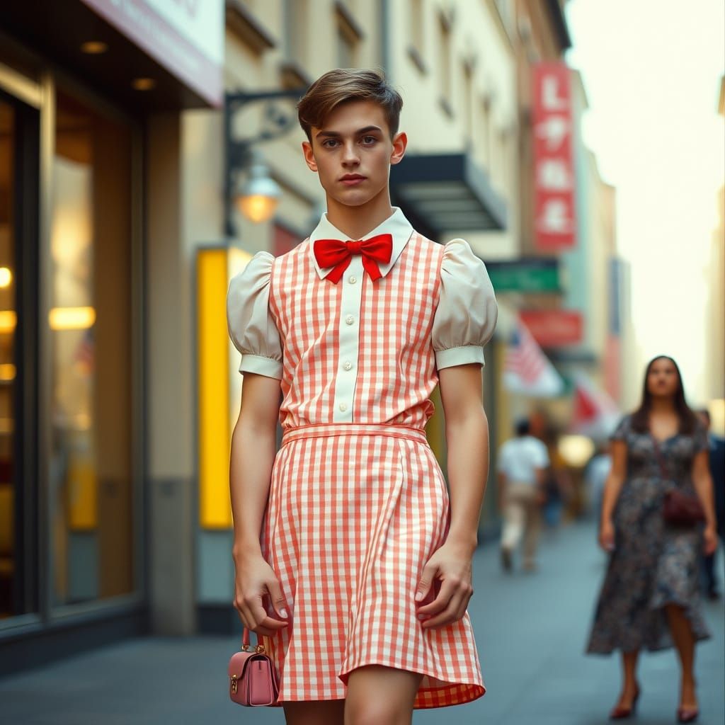 Confident Young Man in Vibrant Gingham Dress