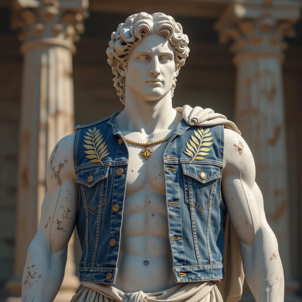 Apollo Stone Statue in Denim Vest, Digital Painting