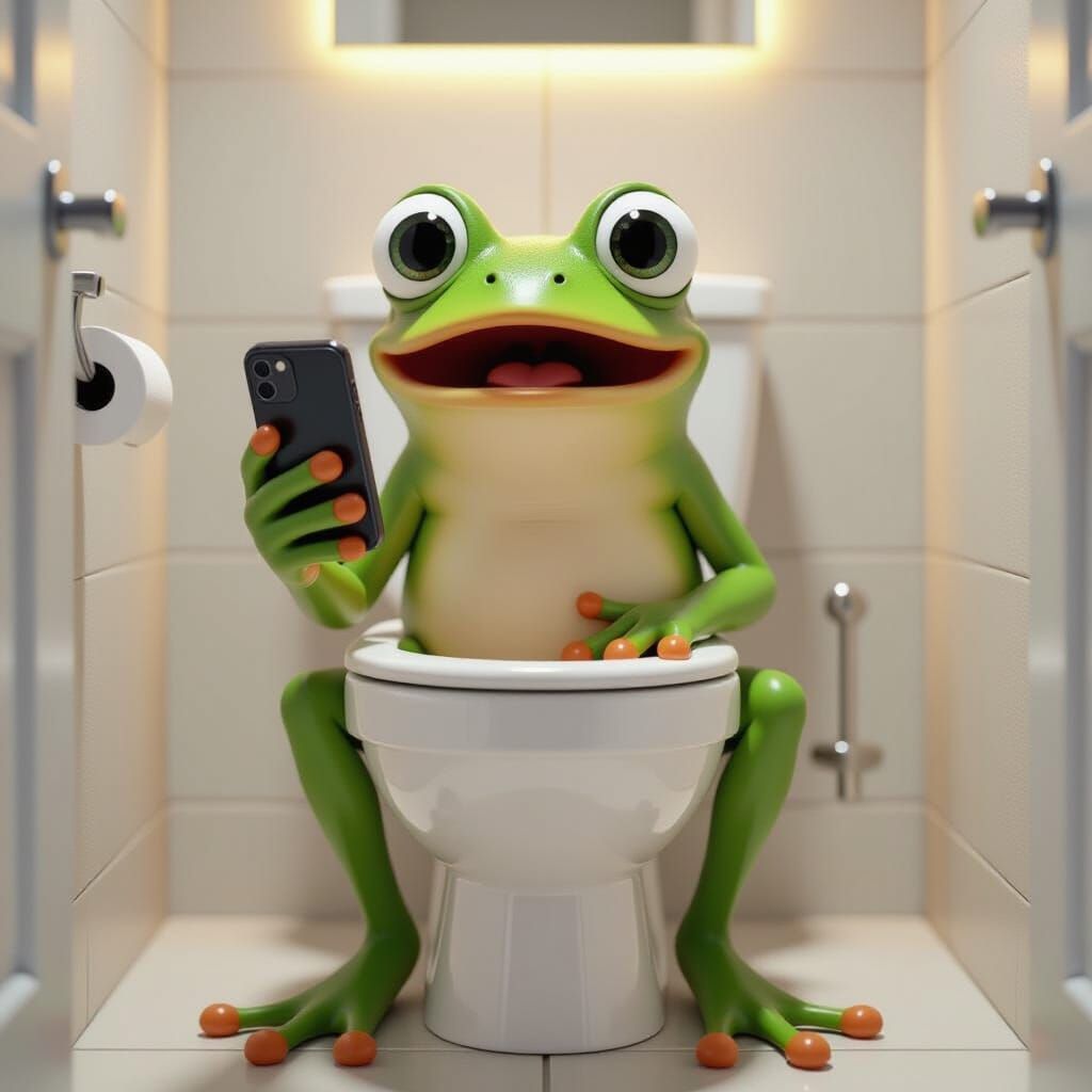 Cartoon Frog's Embarrassing Selfie in Pixar Style