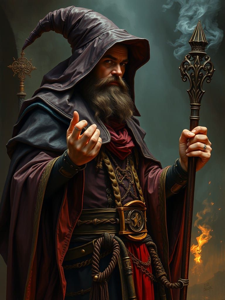 Grunge Sorcerer in Academic Attire, Steampunk Oil Painting