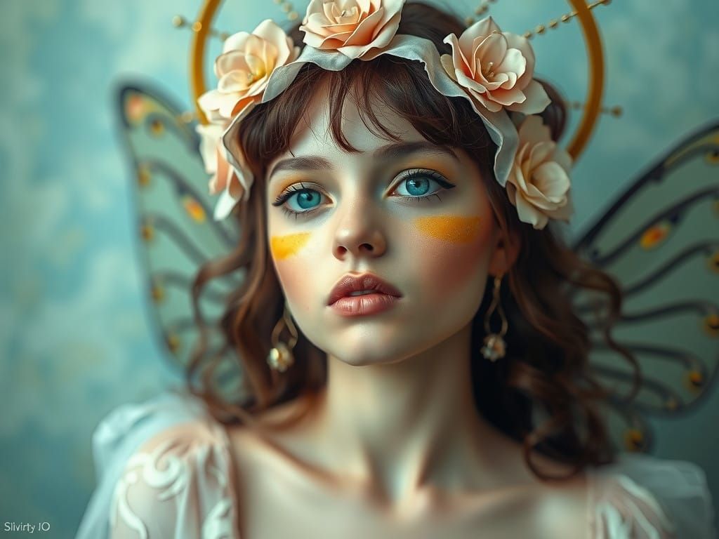 Pastel-Hued Fairy with Halo in Kalighat Style Portrait