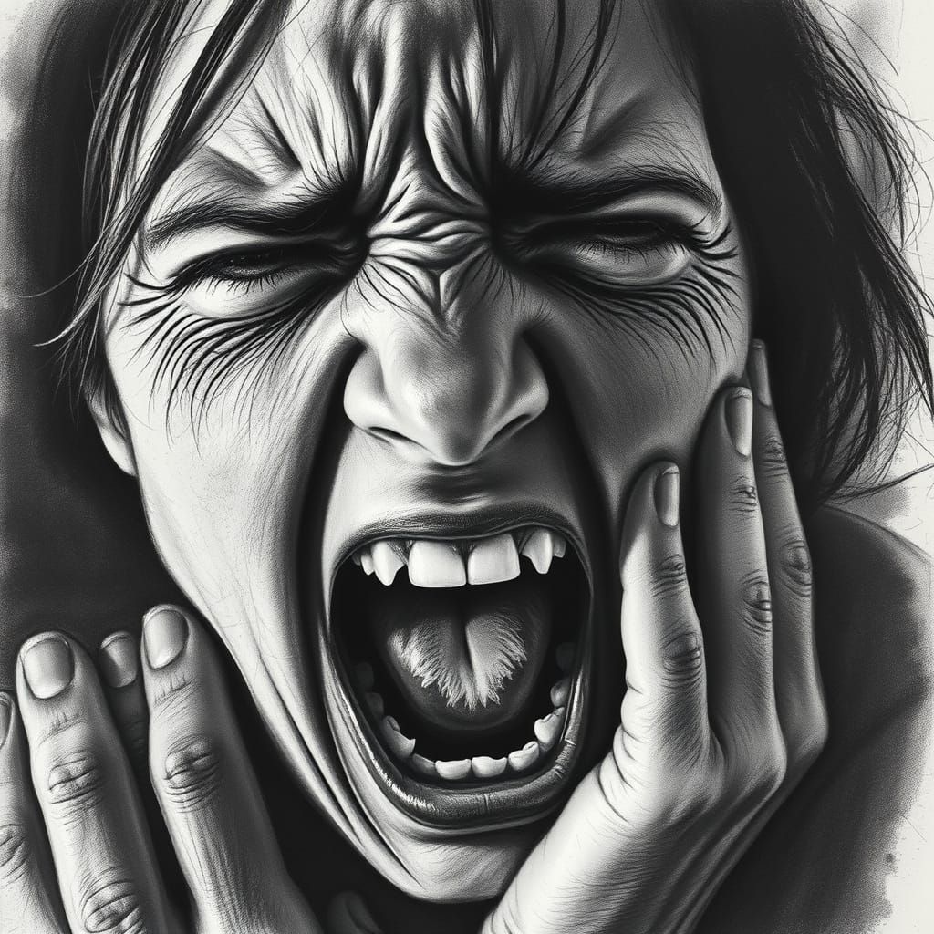Mother's Raw Frustration in Dramatic Charcoal Drawing