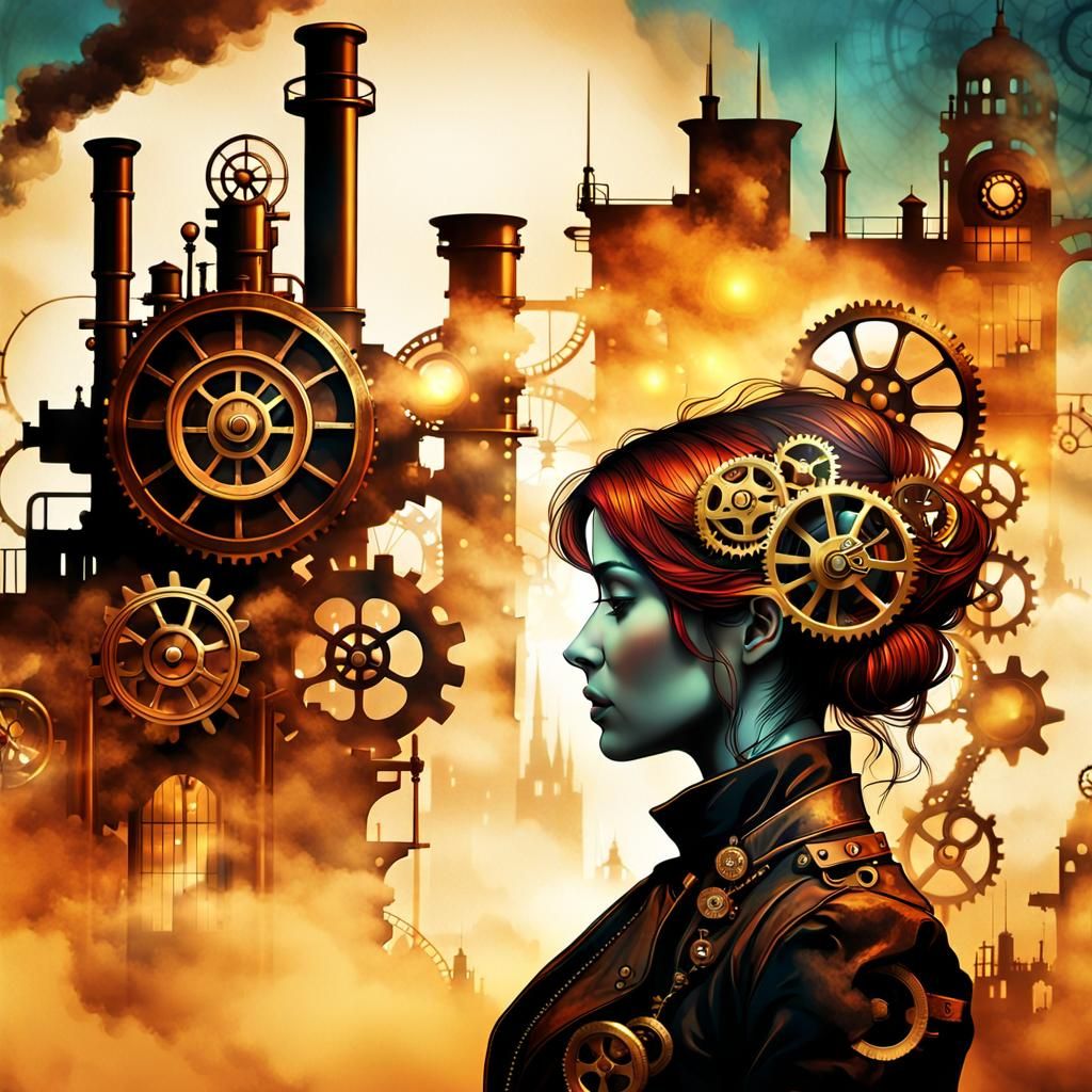 Steampunk Lady Silhouette Against Industrial Cityscape