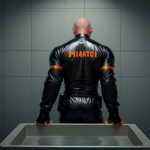 Handsome Gay Skinhead Prisoner in Orange PVC Jumpsuit, Studi...