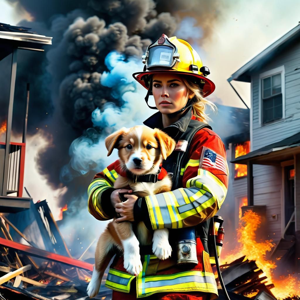 Dramatic Portrait of Brave Woman Rescuing Cute Puppy from Bu...