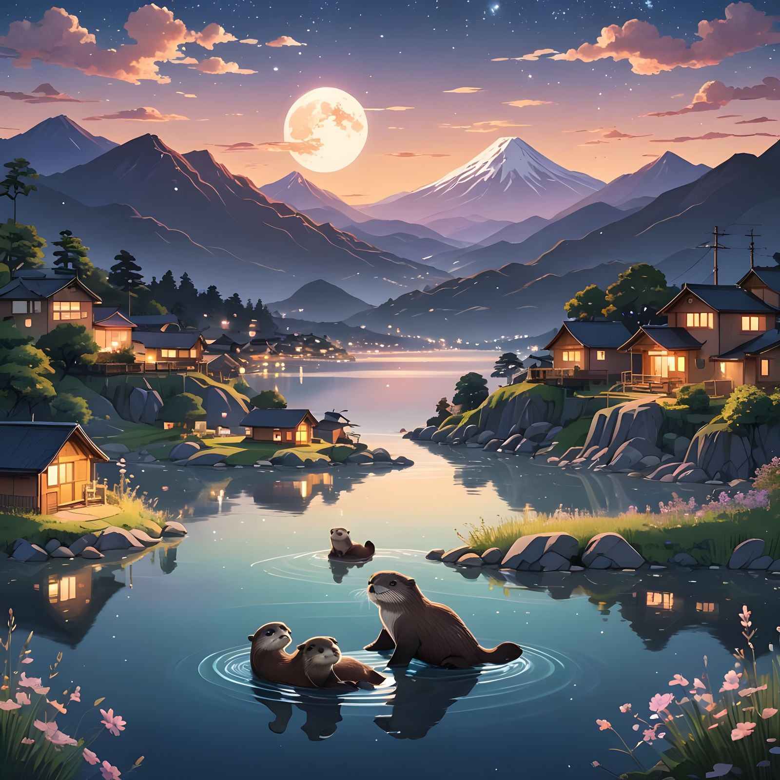 Surreal Otter Family Scene in a Mountain Village at Night