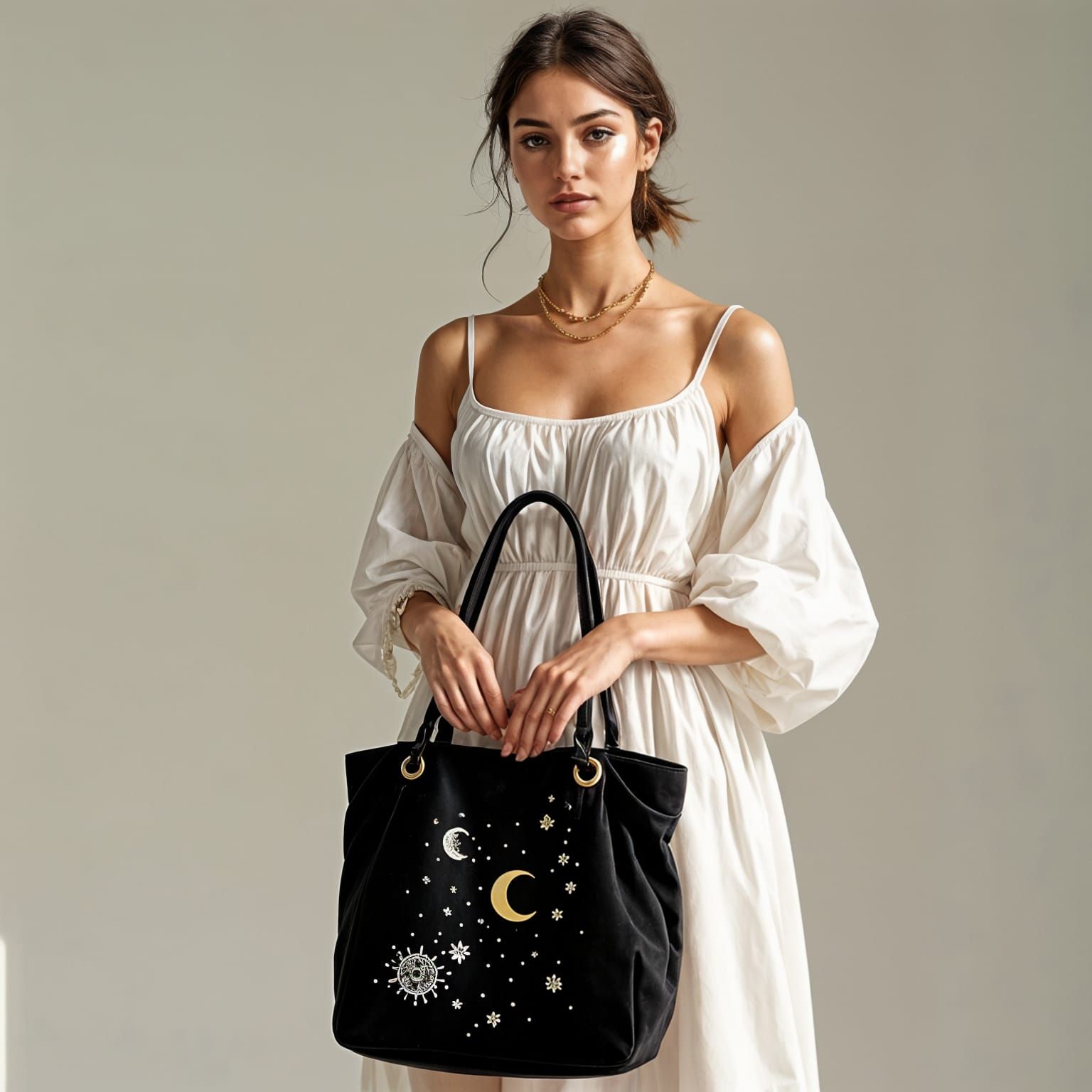 Editorial Realism: Model with Velvet Bag in Studio Setting