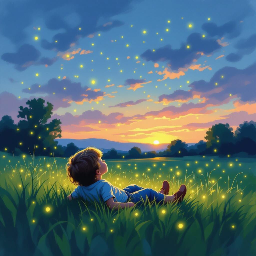 Child's Wonder Watching Fireflies at Twilight