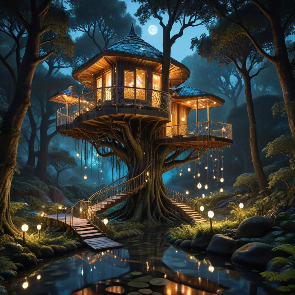 Enchanted Treehouse Amidst Glowing Forest