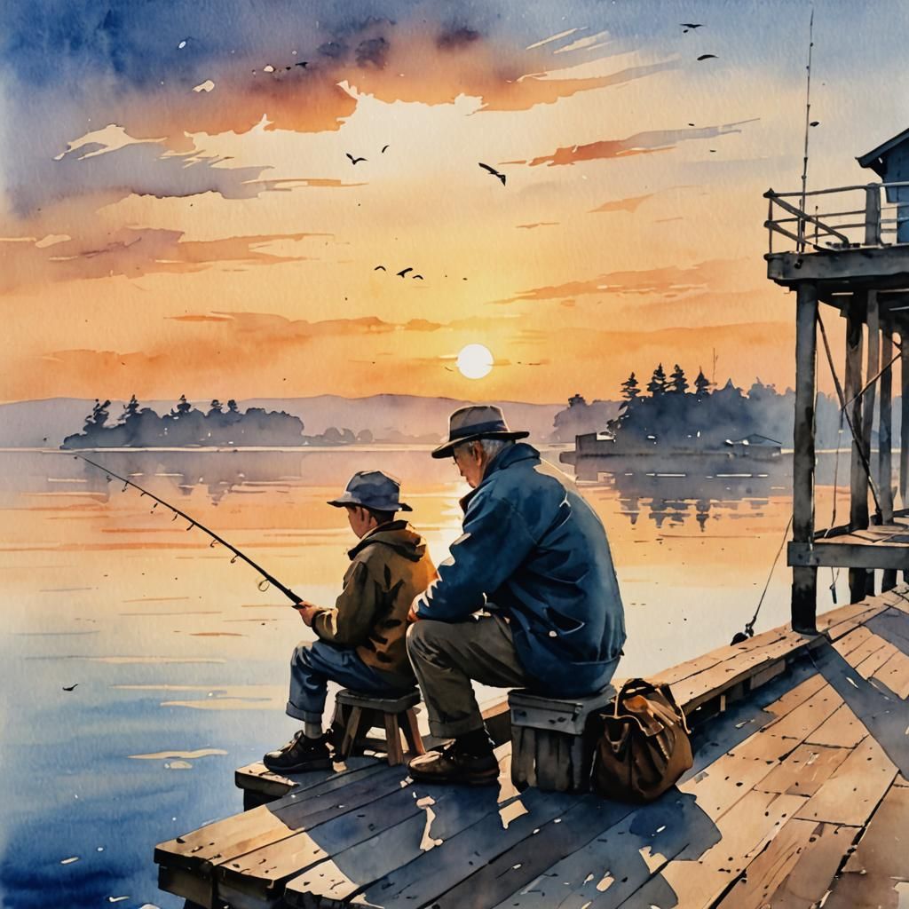 Grandfather-Grandson Fishing Moment at Sunset